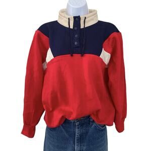 Vintage 80s 90s Color Block Red Blue Beige Snap T Mock Neck Sweatshirt Size S
